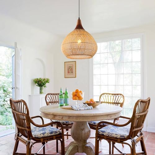Rattan Pendant Light, 15.7" Rattan Chandelier Hand-Woven Boho Pendant Light Fixtures with Solid Wood, Basket Wicker Chandelier for Dining Room Kitchen Island Living Room - Image 5