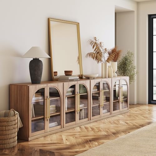 BELLEZE Set of 2 65" Arched Sideboard with Glass Door, Accent Buffet Cabinet with Storage and Adjustable Shelves, Classic Modern Large Console Sideboard for Living Room Kitchen Entryway (Camel) by BELLEZE