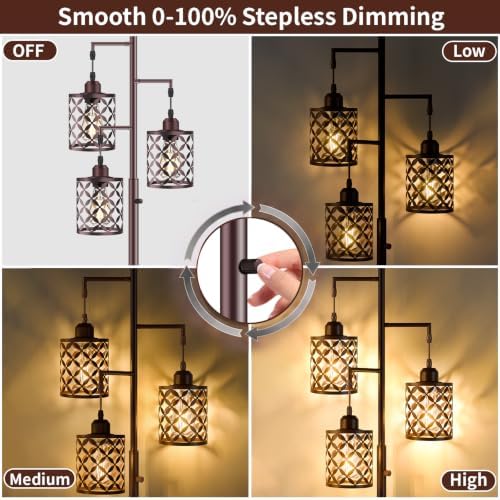 Industrial Tree Floor Lamp, Dimmable Farmhouse Tall Standing Lamp with Quatrefoil Cutout Shades & Rotary Dimmer Knob, Corner Light for Living Room Bedroom, 3 x800LM Bulbs Included-68 Brown - Image 4