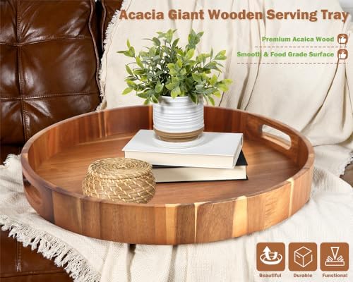 Extra Large Round Serving Tray, 20INCH, Heavy Duty Acacia Wood Trays for Big Ottoman Coffee Table Counter Giant Decorative Organizer Tray, Huge Kitchen Serveware Cheese Board Charcuterie Tray - Image 4