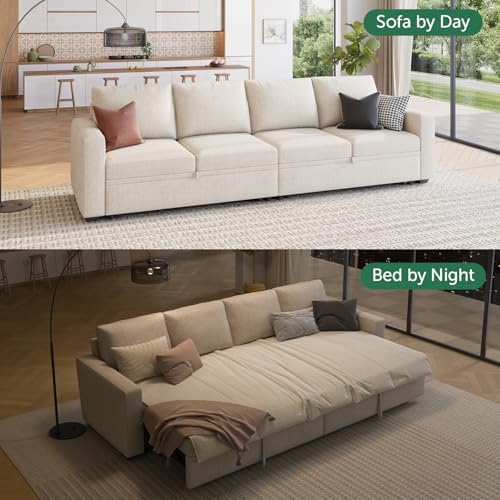 HONBAY Modular Sectional Sleeper Sofa Bed, with Pull Out Bed, Linen Convertible Sectional Couches for Living Room - Beige - Image 3