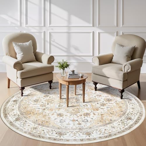 Amada Round 6x6 Washable Area Rug for Living Room, Beige, Vintage Style by AMADAHOMEFURNISHING