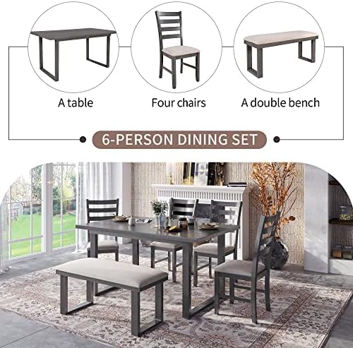 6 Piece Kitchen Dining Table Set with Rectangular Table and Comfortable Cushioned Seat, Farmhouse Rustic Wood Dining Room Set for 4-6 Persons, Dining Set for Family (Gray-1) - Image 4