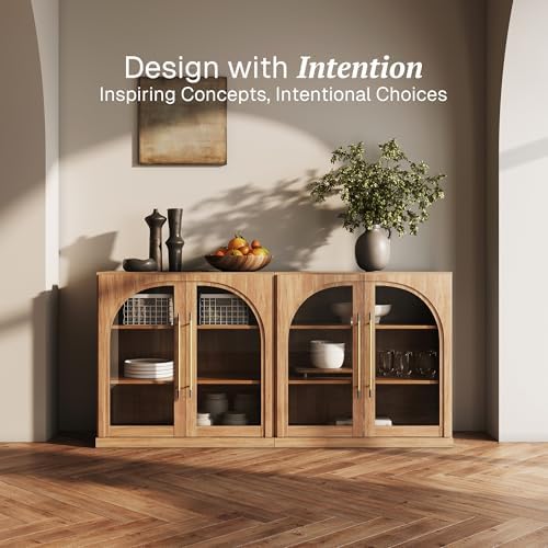 BELLEZE Set of 2 Modular Sideboard with Arched Glass Door, 65'' Accent Display Buffet Cabinet with Storage and Adjustable Shelves,Classic Modern Credenza for Living Room Kitchen Entryway (Camel) - Image 3