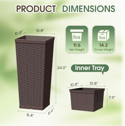 24 Inch Tall Plastic Planters (Set of 2) with Drainage Holes, Brown - Image 7