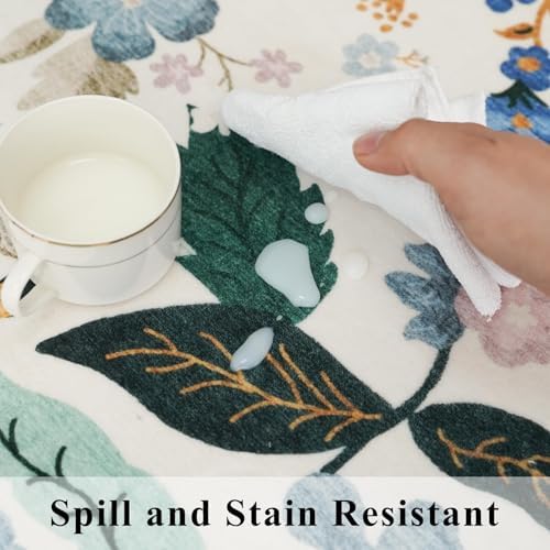 Floral Square Area Rugs for Family: Washable 5x5 Scalloped Carpet for Living Room Bedroom Soft Water Resistant Floor Mat with Non Slip Backing for Kitchen Nursery Dorms Farmhouse Home Decor(5x5,Cream) - Image 5