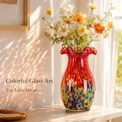 10.6in Hand Blown Blue Glass Vase – Wide Mouth Murano Bubble Art Glass Vase, Cobalt Blue Flower Vase for Coastal, Vintage, Colorful Home Decor, Vase Gift for Mom or Display (Red) - Image 2