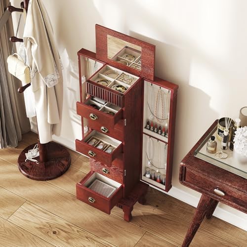 DREAMADE Jewelry Armoire, Standing Jewelry Box w/Mirror & 7 Drawers, Brown - Image 2