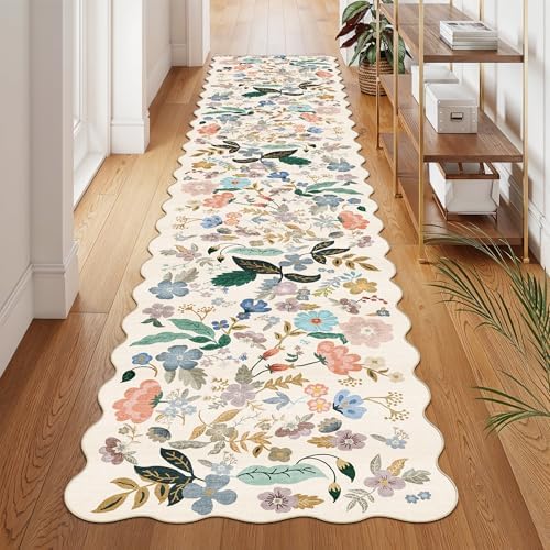 Washable Hallway 2'6x12 Runner Rug: Floral Scalloped Rug for Kitchen Entryway Farmhouse Soft Carpet for Bathroom Bedroom Thin Laudry Living Room Floor Mat with Non Slip Backing(2'6''x12',Cream) by HYHAOYUNLAI