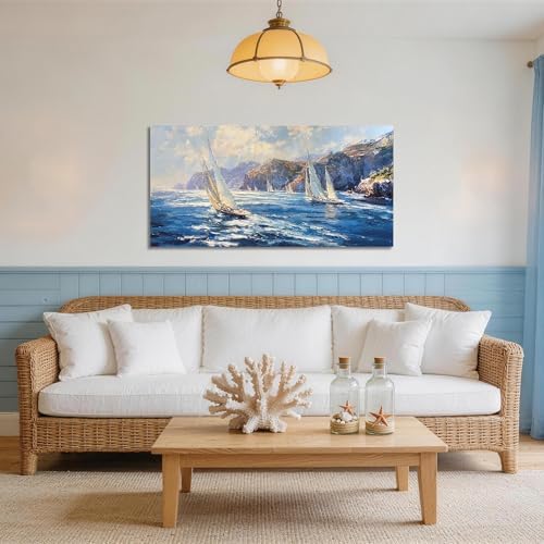 Anolyfi Nautical Coastal Canvas Wall Art for Living Room 40"x20" - Image 2