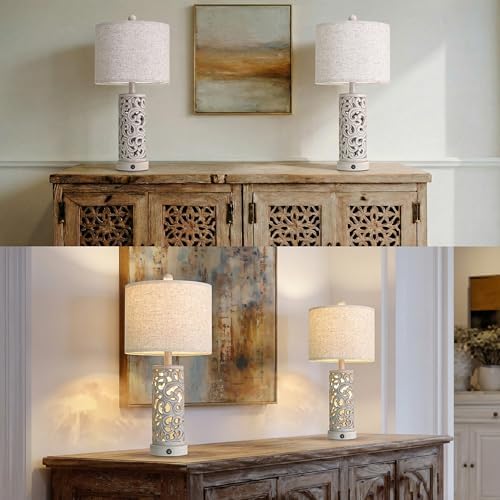 OYEARS Bedside Table Lamps Set of 2 with Night Light, 22'' Distressed Grey - Image 2