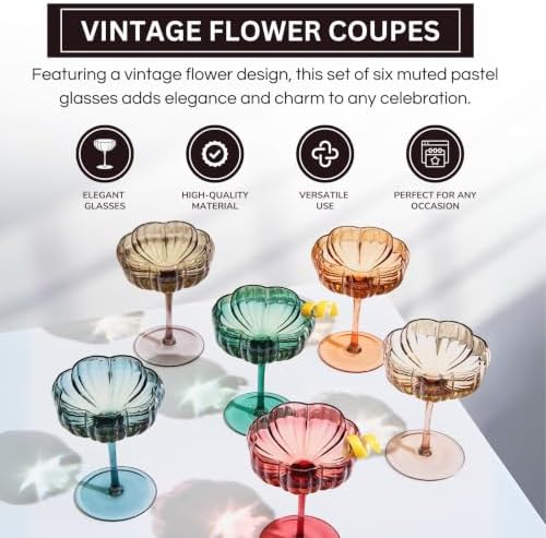 Khen Flower Modern Wavy Glass Coupes Martini, Champagne & Cocktail Coupes - Set of 6-7.7 oz Colorful Cocktail Glasses for Champagne, Prosecco, Mimosa - Copyright Design - Muted Pastel Colors - Image 4