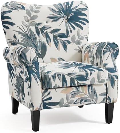 YOLENY Modern Accent Chair,High Back Armchair,Upholstered Fabric Button Single Sofa with Wooden Legs for Living Room,Bedroom,Blue Leaves by YOLENY
