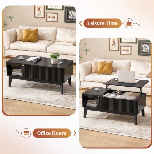 LYNCOHOME Fluted Coffee Table with Hidden Compartment, Wood Lift Top Coffee Tables, Modern Center Table for Living Room, Home Office, Black - Image 4