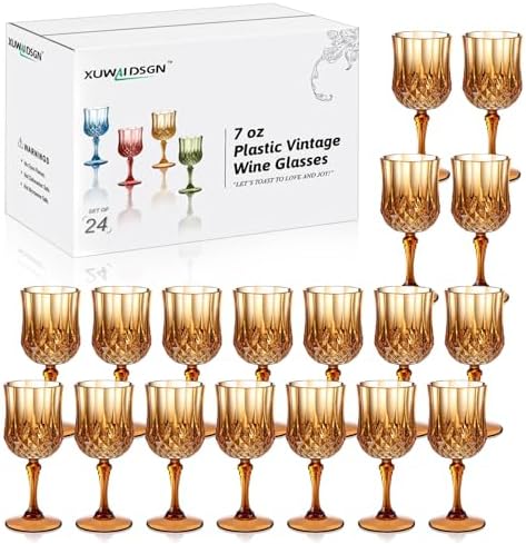 XUWAIDSGN 24Pcs Plastic Vintage Wine Glasses 7oz Reusable Embossed Goblet Glasses Pink Retro Wine Glassware Unbreakable Stemmed Champagne Water Cups for Wine Cocktail Juice Wedding (24, Brown) by XUWAIDSGN