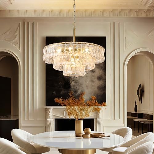 23in Large Chandelier Gold, Modern Dining Room Light Fixtures, 3 Layer Luxury Glass Chandelier 9 Light Chandeliers for Dining Room Kitchen Island Living Room (Clear Glass) - Image 6