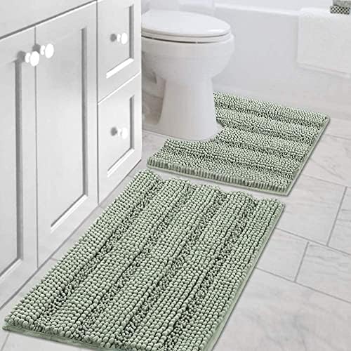 H.VERSAILTEX Bathroom Rugs Bath Rug Set 2 Piece Bathroom Contour Rug Toilet Mat Sets Non Slip Contour Bath Rug Ultra Thick Water Absorbent Striped Bath Mats Washable(20" x 32" Plus 20" x 20" U, Sage) by HVERSAILTEX