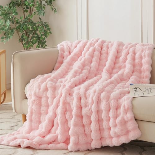 COOVA Soft Bubble Faux Fur Throw Blanket, 60"x80", Light Pink by COOVA