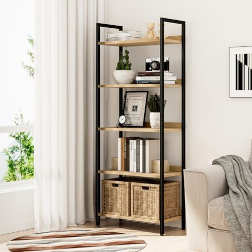 NUMENN Bookshelf, 5 Tier Bookshelves, Home Office Bookcase Shelf Storage Organizer, Free Standing Storage Shelving Unit for Bedroom, Living Room and Home Office, Natural - Image 2