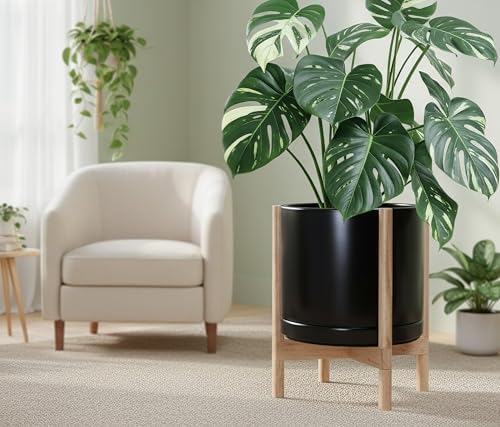 D'vine Dev Ceramic Pot with Natural Wood Stand, Black, 14 in, 55-B-R-2 - Image 2