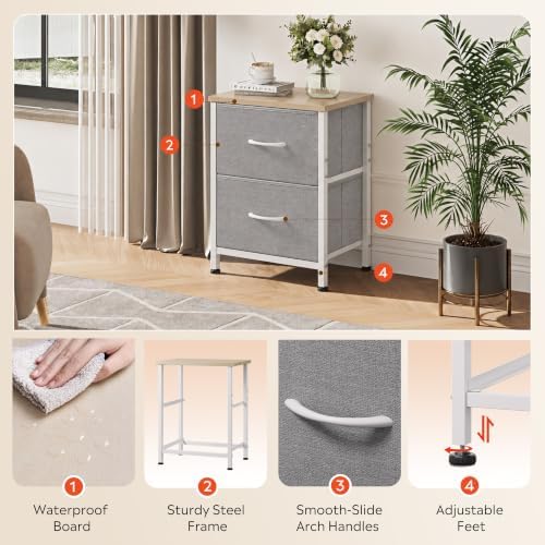 WLIVE Night Stand, Gray Nightstand with 2 Fabric Drawers, Small Dresser for Bedroom, Closet, College Dorm, End Table Side Furniture, Wood Top, Light Grey - Image 5
