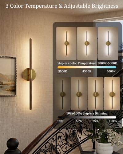 40" Battery Operated Wall Sconce Set of 2, 350° Rotating Lamp, Walnut Gold - Image 2