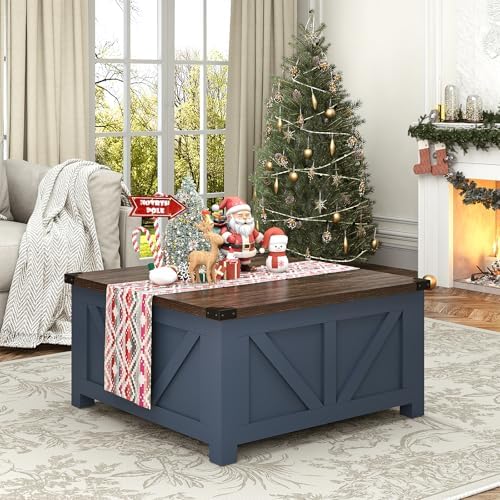 jimeimen Farmhouse Lift Top Coffee Table with Storage, Wood Square Center Table with Charging Station&USB Port, Living Room Table w/Large Hidden Space, for Living Room, Bedroom, Home Office, Blue - Image 6