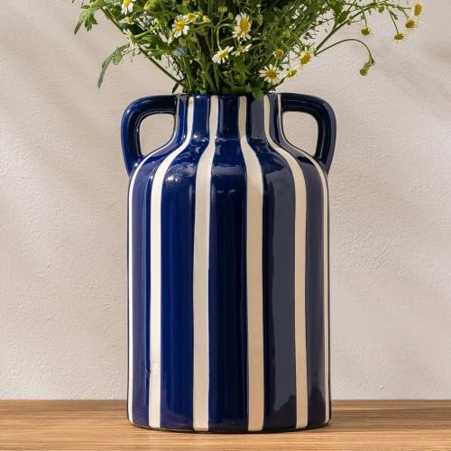SURE YUESI Blue Ceramic Vase with Handles, Modern Farmhouse Striped Decorative Vase, 9.1" Art Deco Tall Flower Vases for Pampas Grass, Shelf Decor, Dining Table Centerpiece, Living Room Home Decor by SUREYUESI