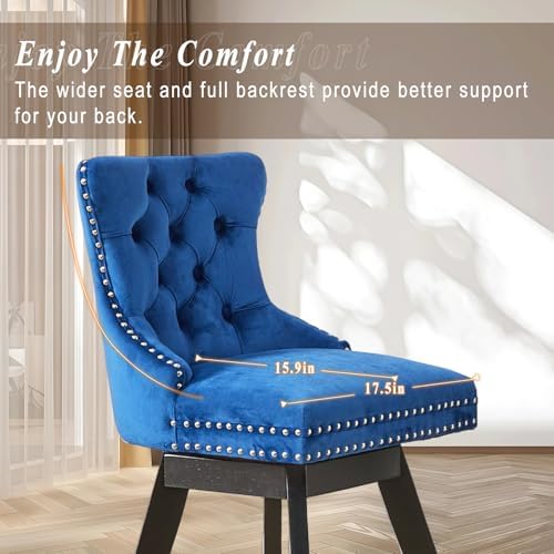 SoarFlash Kitchen Velvet Swivel Bar Stools with Solid Wood Legs Upholstered Counter Stools Set of 6, Blue - Image 4