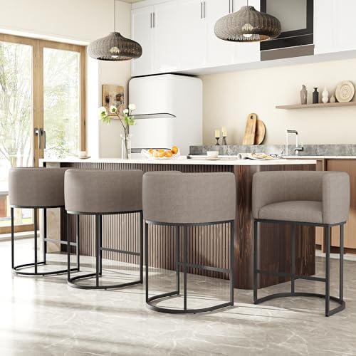 26" H Counter Height Bar Stools Set of 4, Modern Barrel Counter Stools with Backrest and Arms, Linen Fabric Upholstered Accent Barstools for Kitchen Island,Support 450 LBS (Sand) by VATROS