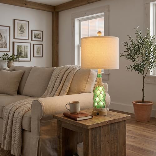 OYEARS 23'' Boho Table Lamps with Night Light for Living Room, Bedside Lamps Set of 2 with A+C Charging Ports for Bedroom, Farmhouse USB Lamps for Nightstand Console, Glass Bottle Rope Base, Green - Image 6