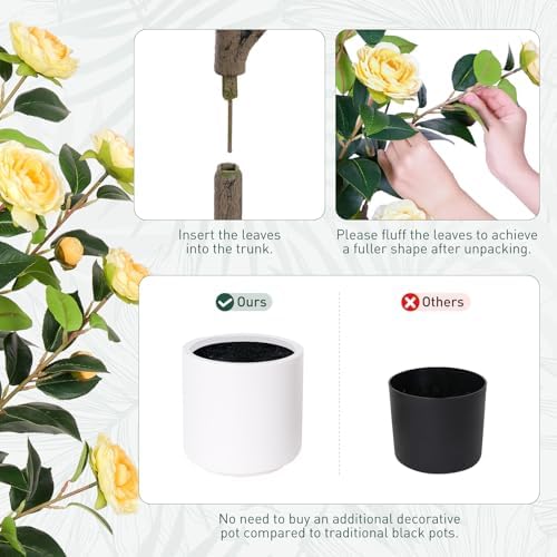 Yepdin 47 inch Artificial Camellia Tree with White Flower Pots - 2 Pack Yellow Tall Fake Plants,4 Ft Artificial Plants Indoor wich Blooming,Faux Plants Indoor for Outdoor Front Home Door - Image 4