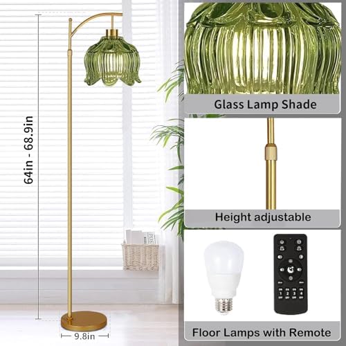 QIYIZM Green Floor Lamp for Living Room,Bedroom,Gold Dimmable Standing Lamp with Remote,Mid Century Modern Brass Tall Lamp Boho Floor Lamps Arc Vintage Glass Flower Floor Light Lamp Girls Bohemian - Image 5