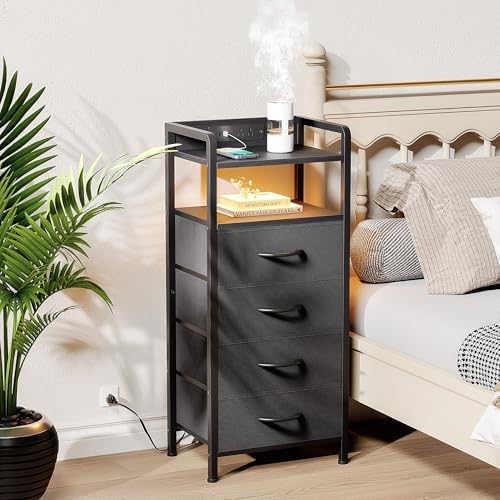 Lazzanto Nightstand with Rear Charging Station, LED Light, 4 Drawers, Black - Image 2
