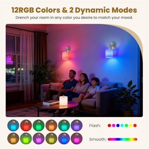 Peel and Stick Sconces Set of 2 Brushed Nickel,Detachable Battery Operated Wall Sconce With 10000mah Rechargeable Bulbs,12 RGB Battery Sconce With Remote,Renter Friendly Wall Lamps for Bedroom,Hallway - Image 5