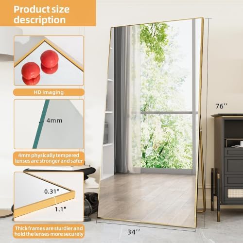 LFT HUIMEI2Y 76"x34" Full Length Mirror, Gold Floor Mirror - Image 2