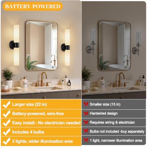 Rechargeable Wall Sconces Set of Two, Modern Matte Battery Operated Wall Light Fixtures with Remote Control, Dimmable Wireless Wall Sconces with Milky Glass for Bathroom Mirror Bedroom Living Room - Image 2