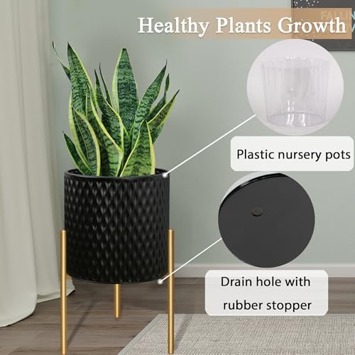 ARNIS Plants Pots with Stand, Large Size Flower Pots, Set of 2 Unique Mid Century Decorative Metal Flower Pots with Drainage,10.5&12.25 Inch, Black - Image 4