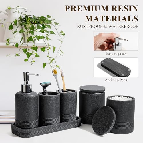 Bathroom Accessories Set, 6-Piece Bathroom Accessory Set, Toothbrush Holders Set, Soap Dispenser, Vanity Tray, Tumbler, Cotton Swab Jars, Bathroom Organizer for Modern Bathrooms(Black) - Image 5
