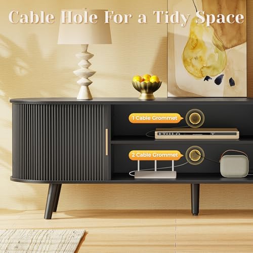PRAISUN 63 Inch Fluted TV Stand for TVs up to 55, 65 Inch, TV Media Console with Power Outlets and USB-C Port, Entertainment Center with Storage, Curved Sliding Doors, Adjustable Shelf, Black - Image 6