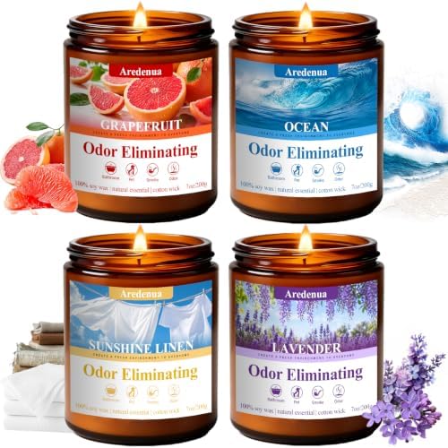 4 Pack Odor Eliminating Highly Fragranced Candle - Eliminates 95% of Pet, Smoke, Food & Other Smells Quickly - Air Freshing Scent of Grapefruit/Linen/Lavender/Ocean - 28oz Soy Candle Gift for Home by Aredenua-StartJourneyThroughScent
