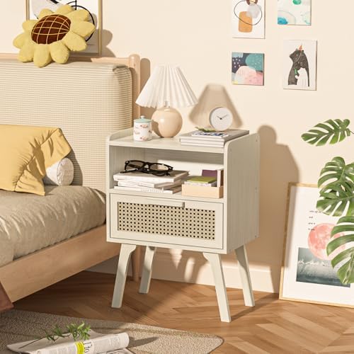 Lerliuo Rattan Nightstand, Side Table with Drawer Open Shelf - Image 4