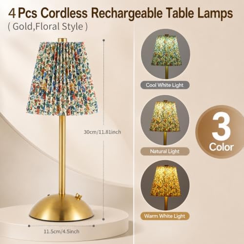 4 Pcs Cordless Table Lamp Rechargeable Touch Lamp, Gold Floral - Image 2