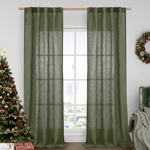 LAMIT Olive Green Linen Curtains for Living Room 84 inch Length 2 Panels by LAMIT