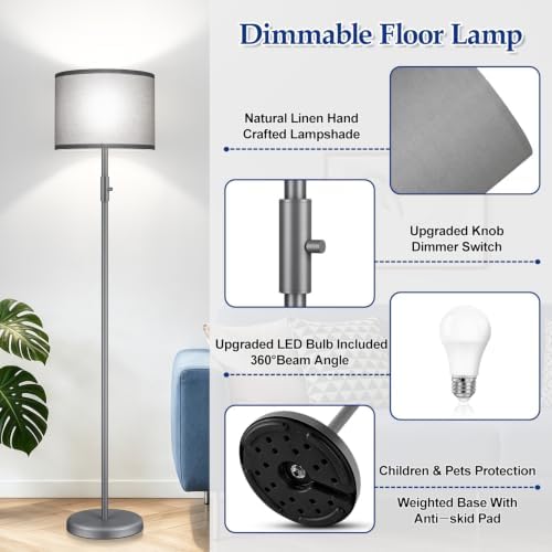 Floor Lamp Simple Design with Shade, Small Tall Lamps for Living Room Bedroom Office Dining Room Kitchen-Grey - Image 5
