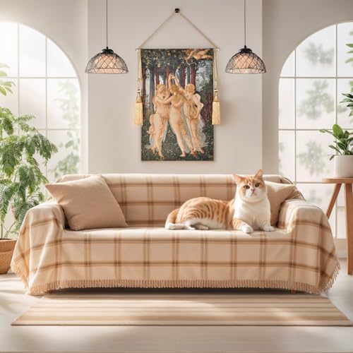 Medieval Vintage Tapestry Wall Hanging - Jacquard Art Replica of Three Nymphs & Cupid，Woven Aesthetic Complete Set with Tassels, Telescopic Rod, Rope & Hooks for Bedroom & Living Room Decor (27"x42") (Yellow：Spring - inspired Soft Tones of Three Nymphs) - Image 2