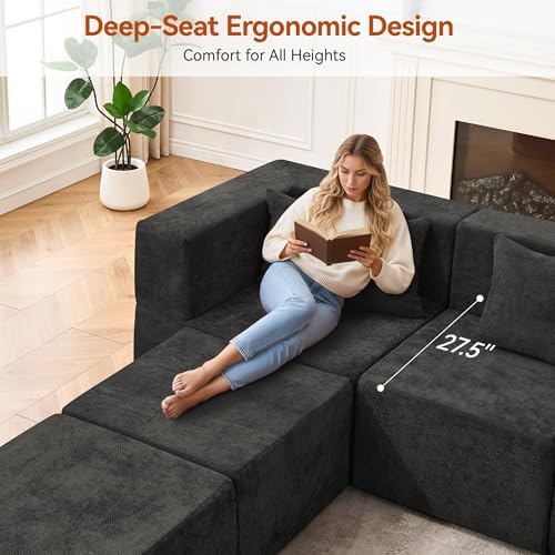 MONVANE 130'' Modular Sectional Cloud Couch for Living Room, 6 Seater Convertible Chenille Couches Set with Ottoman & Pillow, No Assembly Compression Sofas, Comfy Floor Sofa with Memory Foam, Black - Image 6