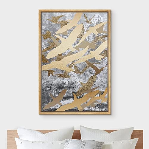 NWT Framed Canvas Print Wall Art Flying Golden Bird Collage Nature Wilderness Illustrations Modern Art Decorative Landscape Rustic Zen Colorful for Living Room, Bedroom, Office - 16"x24" Natural - Image 3