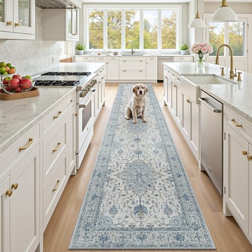 RELEANY Washable Area Rug, Runner 2'6"x12', Blue/White/Gray by RELEANY
