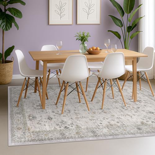 Vintage Boho Living Room Rug 7x9 - Soft Light Gray & Sage Area Rugs for Dining Under Table, Washable Low Pile Non-Slip Large Bedroom Carpet, Modern Eclectic Geometric Neutral Floral Decor - Image 3